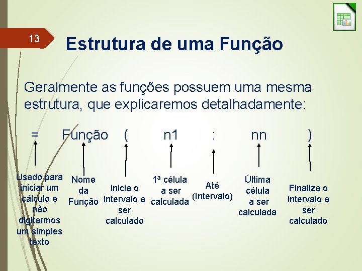 13 Estrutura de uma Função Geralmente as funções possuem uma mesma estrutura, que explicaremos