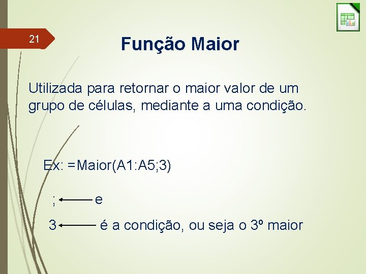 21 Função Maior Utilizada para retornar o maior valor de um grupo de células,