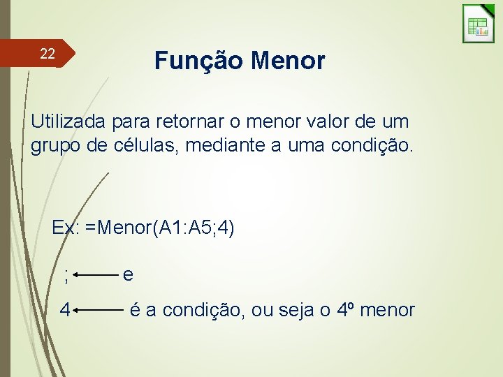 22 Função Menor Utilizada para retornar o menor valor de um grupo de células,