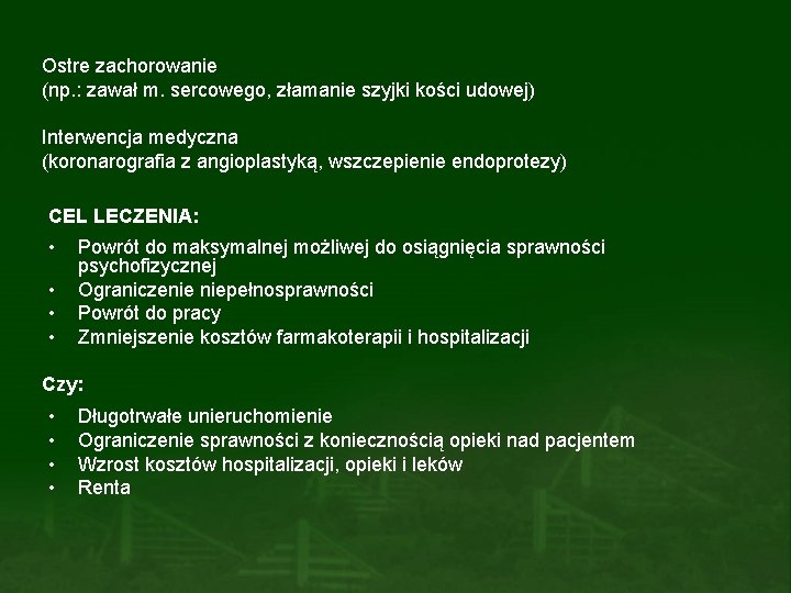 Ostre zachorowanie (np. : zawał m. sercowego, złamanie szyjki kości udowej) Interwencja medyczna (koronarografia