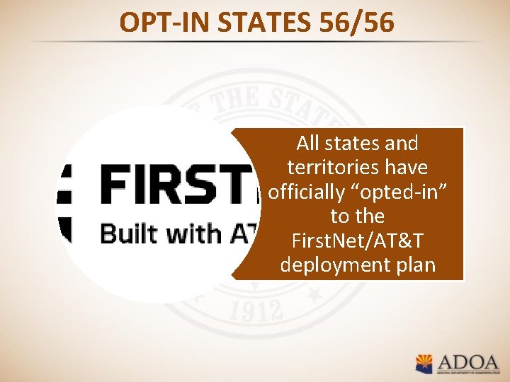 OPT-IN STATES 56/56 All states and territories have officially “opted-in” to the First. Net/AT&T