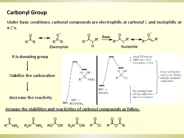 Carbonyl Group Under basic conditions, carbonyl compounds are electrophilic at carbonyl C and nuclephilic