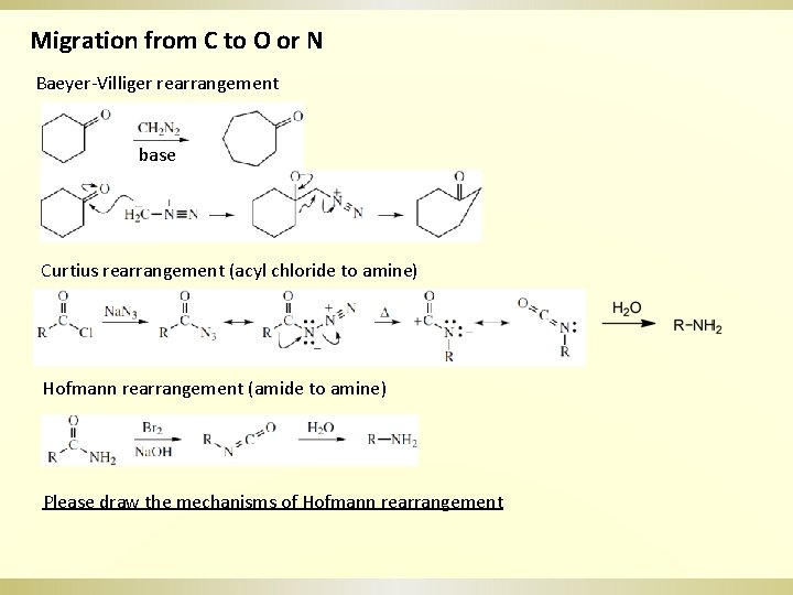 Migration from C to O or N Baeyer-Villiger rearrangement base Curtius rearrangement (acyl chloride
