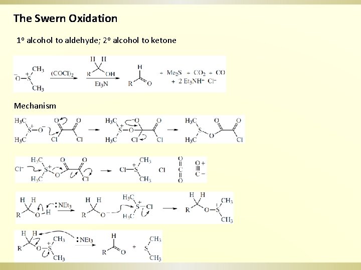 The Swern Oxidation 1 o alcohol to aldehyde; 2 o alcohol to ketone Mechanism