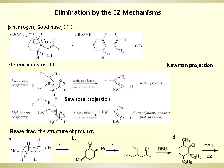 Elimination by the E 2 Mechanisms β hydrogen, Good base, 3 o C Stereochemistry
