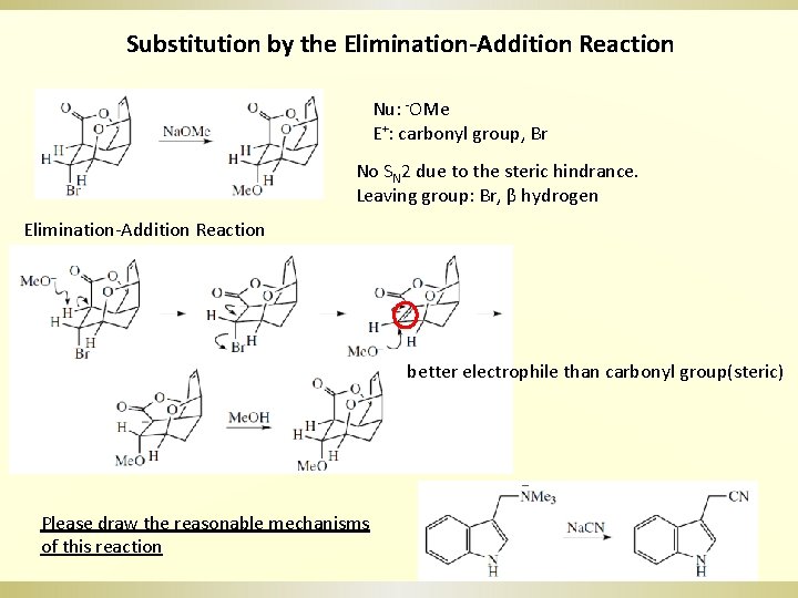 Substitution by the Elimination-Addition Reaction Nu: -OMe E+: carbonyl group, Br No SN 2
