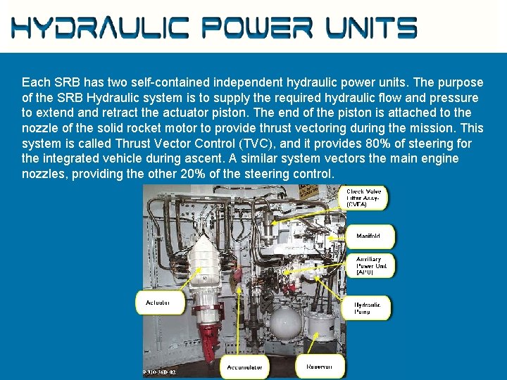 Hydraulic Power Units Each SRB has two self-contained independent hydraulic power units. The purpose