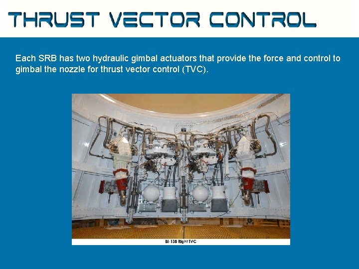 Thrust Vector Control Each SRB has two hydraulic gimbal actuators that provide the force