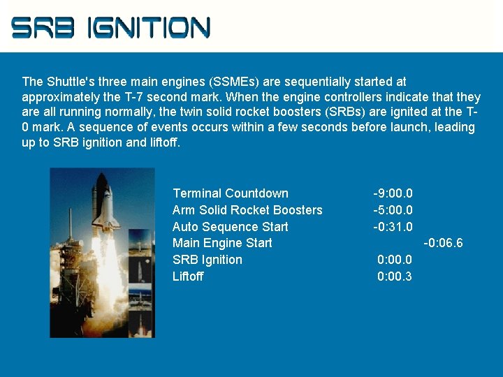 SRB Ignition The Shuttle's three main engines (SSMEs) are sequentially started at approximately the