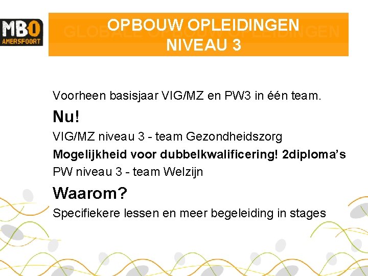 OPBOUW OPLEIDINGEN GLOBALE OPBOUW OPLEIDINGEN NIVEAU 3 Voorheen basisjaar VIG/MZ en PW 3 in