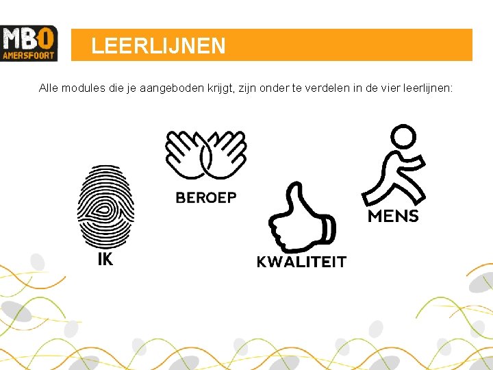 LEERLIJNEN Alle modules die je aangeboden krijgt, zijn onder te verdelen in de vier