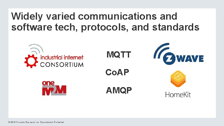 Widely varied communications and software tech, protocols, and standards MQTT Co. AP AMQP ©