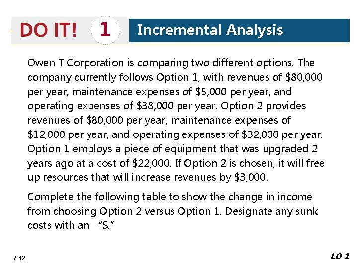 1 Incremental Analysis Owen T Corporation is comparing two different options. The company currently