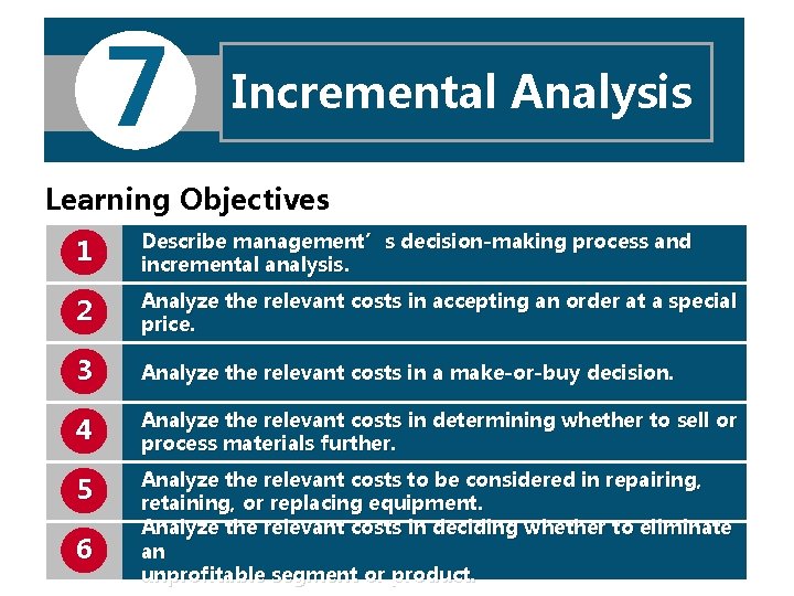 7 Incremental Analysis Learning Objectives 7 -2 1 Describe management’s decision-making process and incremental