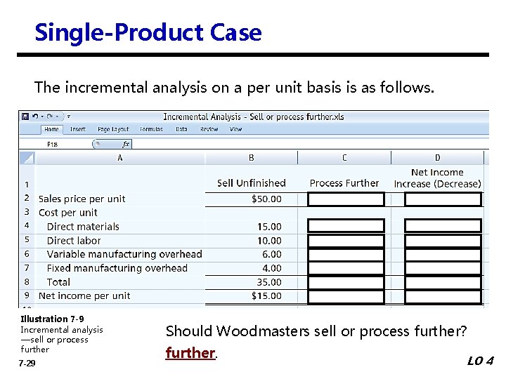 Single-Product Case The incremental analysis on a per unit basis is as follows. Illustration