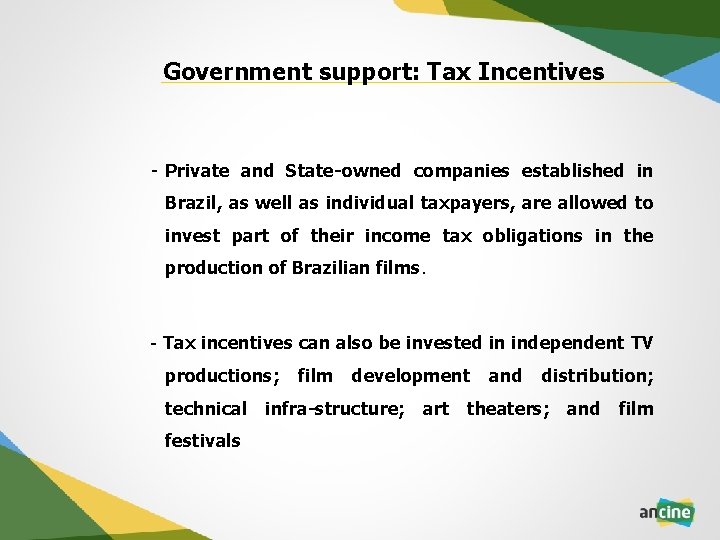 Government support: Tax Incentives - Private and State-owned companies established in Brazil, as well