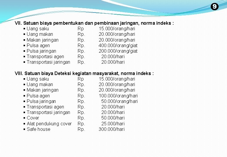 9 VII. Satuan biaya pembentukan dan pembinaan jaringan, norma indeks : § Uang saku
