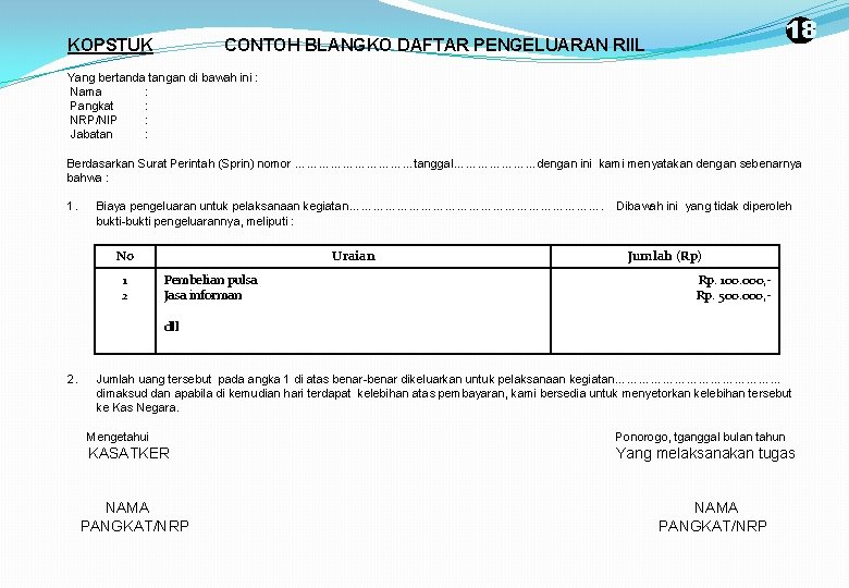 KOPSTUK 18 CONTOH BLANGKO DAFTAR PENGELUARAN RIIL Yang bertanda tangan di bawah ini :