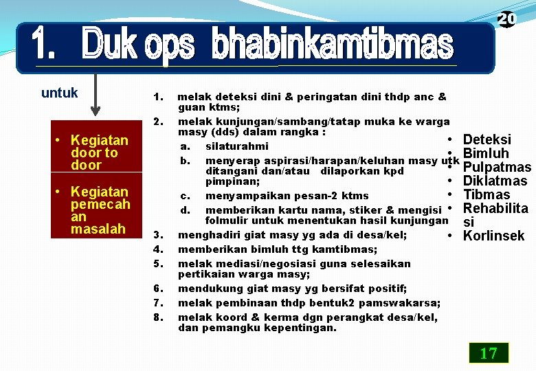 20 untuk 1. 2. • Kegiatan door to door • Kegiatan pemecah an masalah
