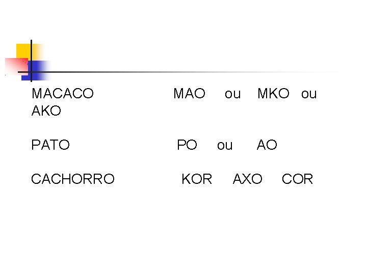 MACACO AKO MAO PATO PO CACHORRO KOR ou ou MKO ou AO AXO COR