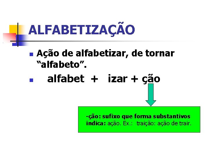 ALFABETIZAÇÃO Ação de alfabetizar, de tornar “alfabeto”. alfabet + izar + ção -ção: sufixo
