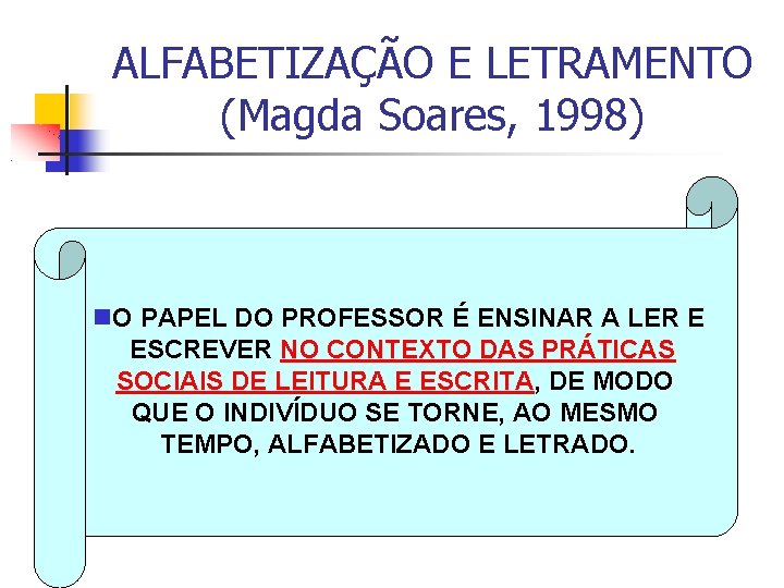 ALFABETIZAÇÃO E LETRAMENTO (Magda Soares, 1998) O PAPEL DO PROFESSOR É ENSINAR A LER
