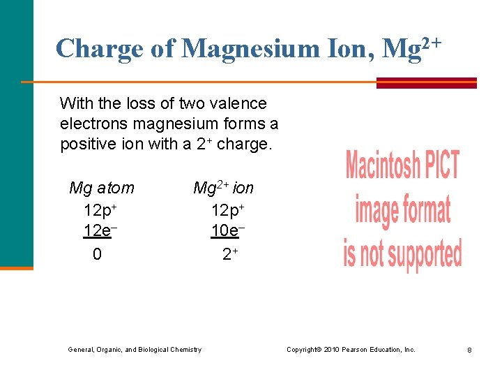 Charge of Magnesium Ion, Mg 2+ With the loss of two valence electrons magnesium