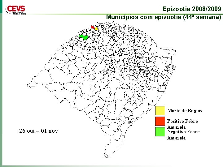Epizootia 2008/2009 Municípios com epizootia (44ª semana) Morte de Bugios 26 out – 01