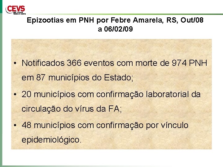 Epizootias em PNH por Febre Amarela, RS, Out/08 a 06/02/09 • Notificados 366 eventos