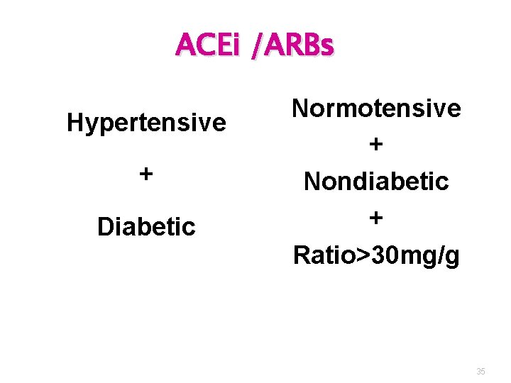 ACEi /ARBs Hypertensive + Diabetic Normotensive + Nondiabetic + Ratio>30 mg/g 35 