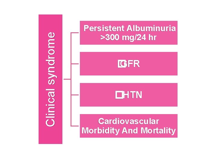 Clinical syndrome Persistent Albuminuria >300 mg/24 hr � GFR � HTN Cardiovascular Morbidity And