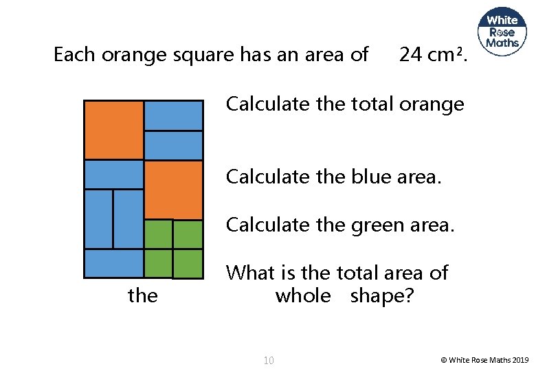 Each orange square has an area of area. 24 cm². Calculate the total orange