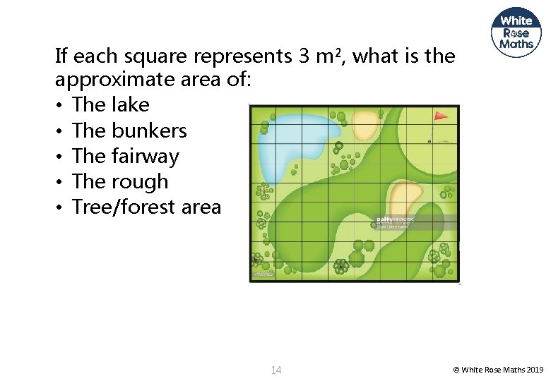 If each square represents 3 m², what is the approximate area of: • The