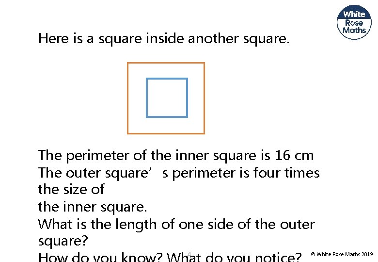 Here is a square inside another square. The perimeter of the inner square is