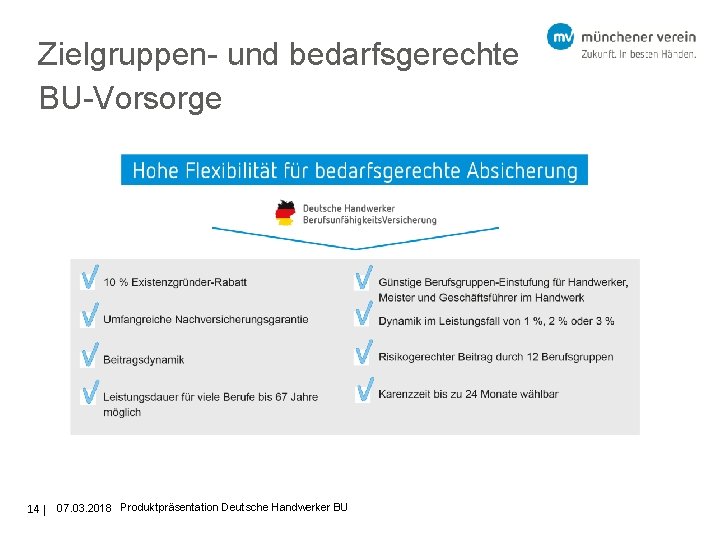 Zielgruppen- und bedarfsgerechte BU-Vorsorge 14 07. 03. 2018 Produktpräsentation Deutsche Handwerker BU 