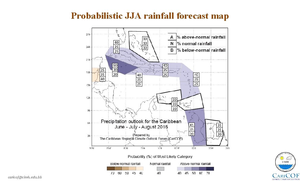 Probabilistic JJA rainfall forecast map caricof@cimh. edu. bb 