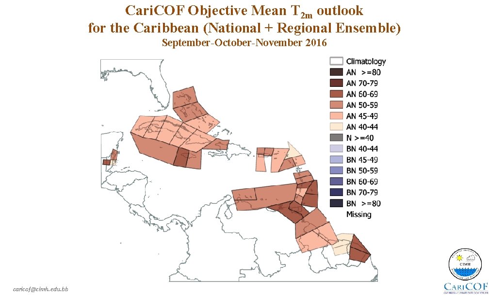 Cari. COF Objective Mean T 2 m outlook for the Caribbean (National + Regional