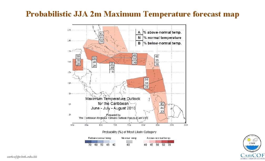 Probabilistic JJA 2 m Maximum Temperature forecast map caricof@cimh. edu. bb 