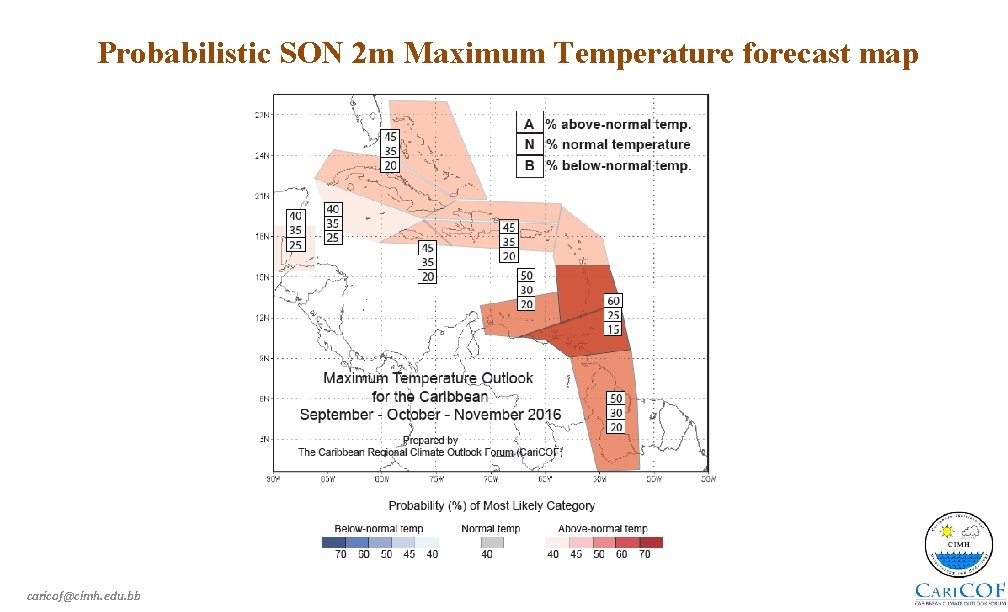 Probabilistic SON 2 m Maximum Temperature forecast map caricof@cimh. edu. bb 