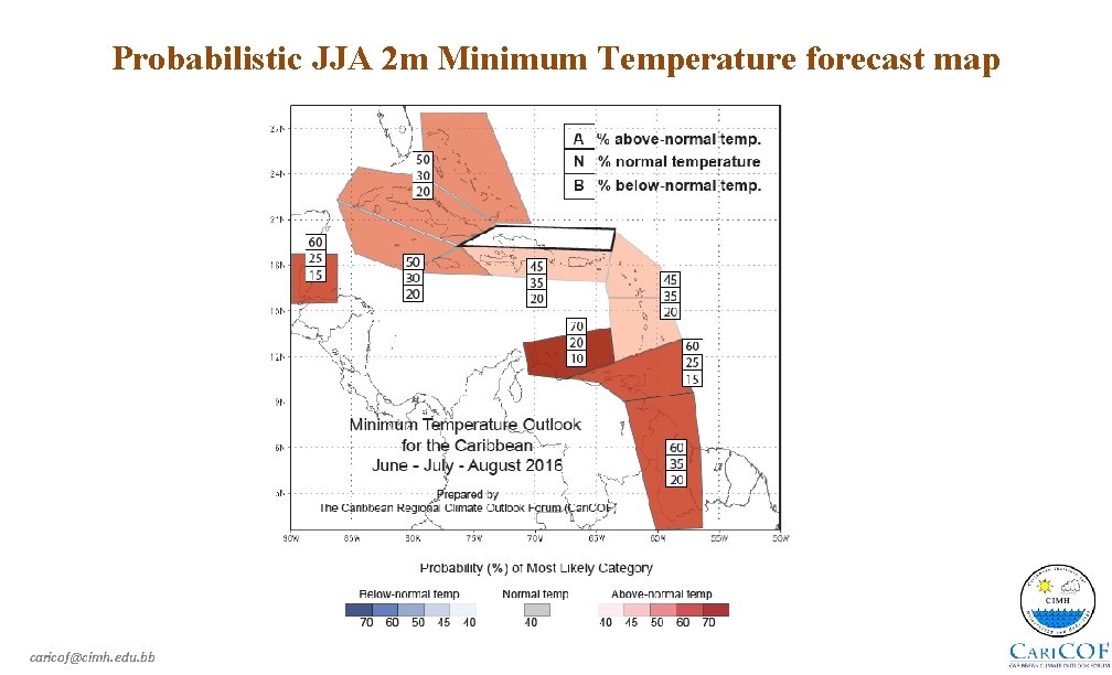 Probabilistic JJA 2 m Minimum Temperature forecast map caricof@cimh. edu. bb 