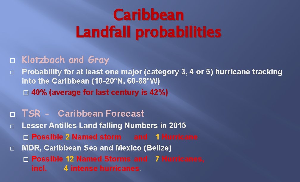Caribbean Landfall probabilities � � � Klotzbach and Gray Probability for at least one