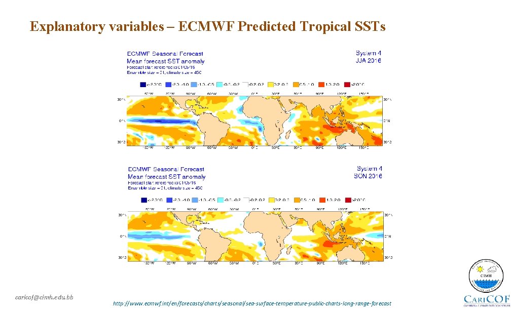 Explanatory variables – ECMWF Predicted Tropical SSTs caricof@cimh. edu. bb http: //www. ecmwf. int/en/forecasts/charts/seasonal/sea-surface-temperature-public-charts-long-range-forecast