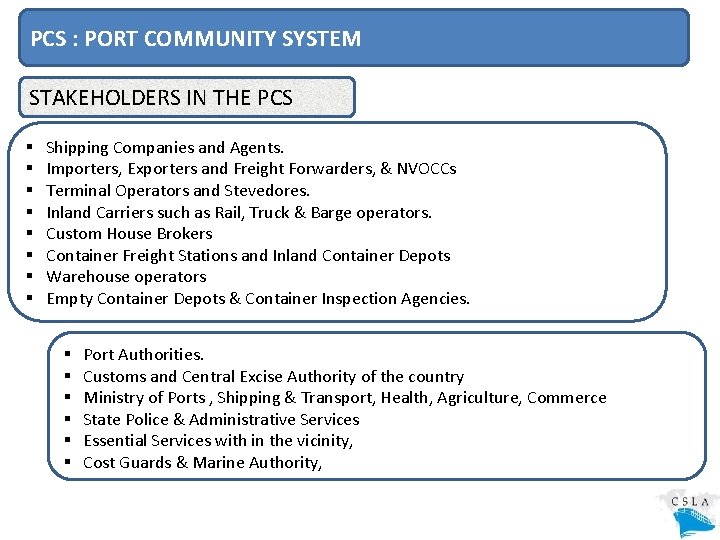 PCS : PORT COMMUNITY SYSTEM STAKEHOLDERS IN THE PCS § § § § Shipping
