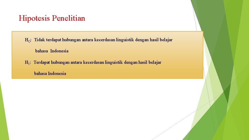 Hipotesis Penelitian HO: Tidak terdapat hubungan antara kecerdasan linguistik dengan hasil belajar bahasa Indonesia