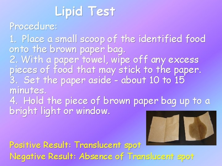 Lipid Test Procedure: 1. Place a small scoop of the identified food onto the