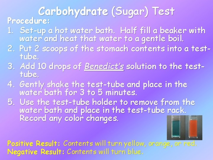 Carbohydrate (Sugar) Test Procedure: 1. Set-up a hot water bath. Half fill a beaker