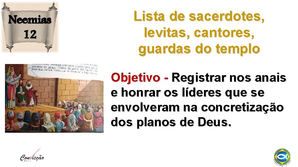 Neemias 12 Lista de sacerdotes, levitas, cantores, guardas do templo Objetivo - Registrar nos