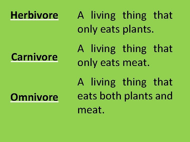 Herbivore A living that only eats plants. Carnivore A living that only eats meat. Herbivore A living that only eats plants. Carnivore A living that only eats meat.