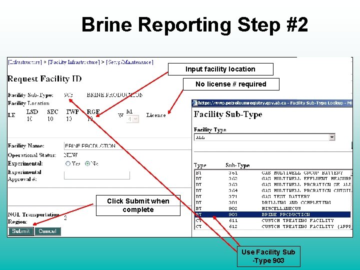 Brine Reporting Step #2 Input facility location No license # required Click Submit when
