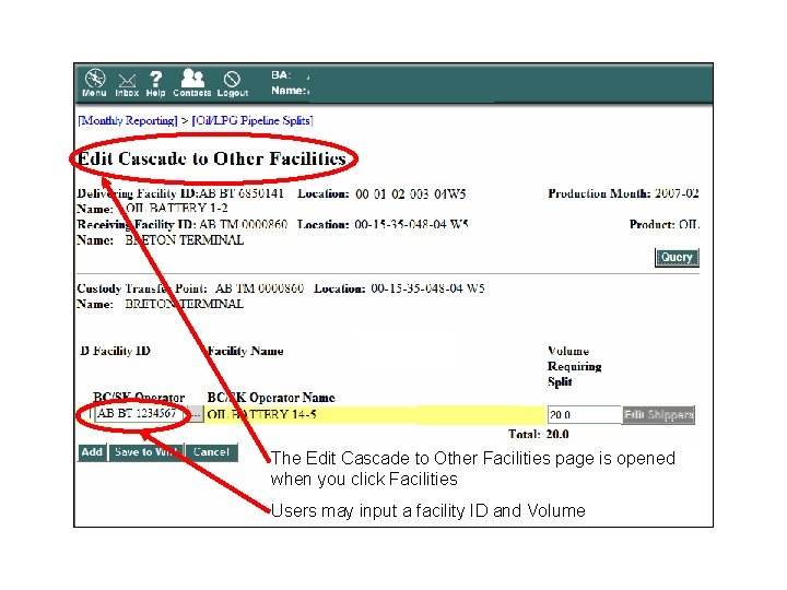 The Edit Cascade to Other Facilities page is opened when you click Facilities Users